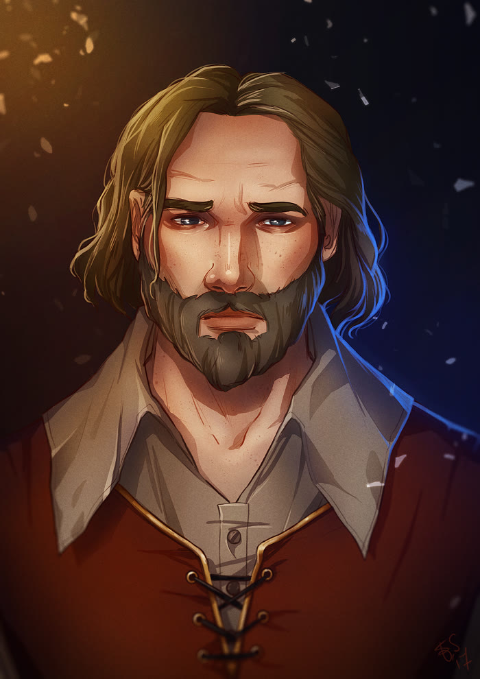 Father, a bearded man in a red laced vest and open collar