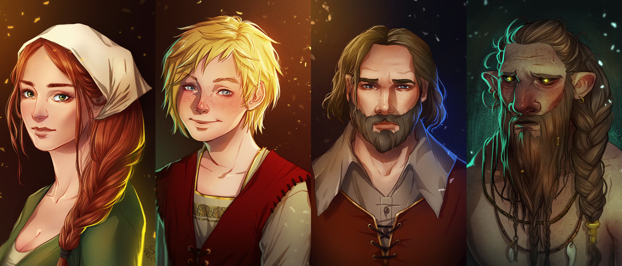 Character portraits of Mother, Klaus, Father and the Giant